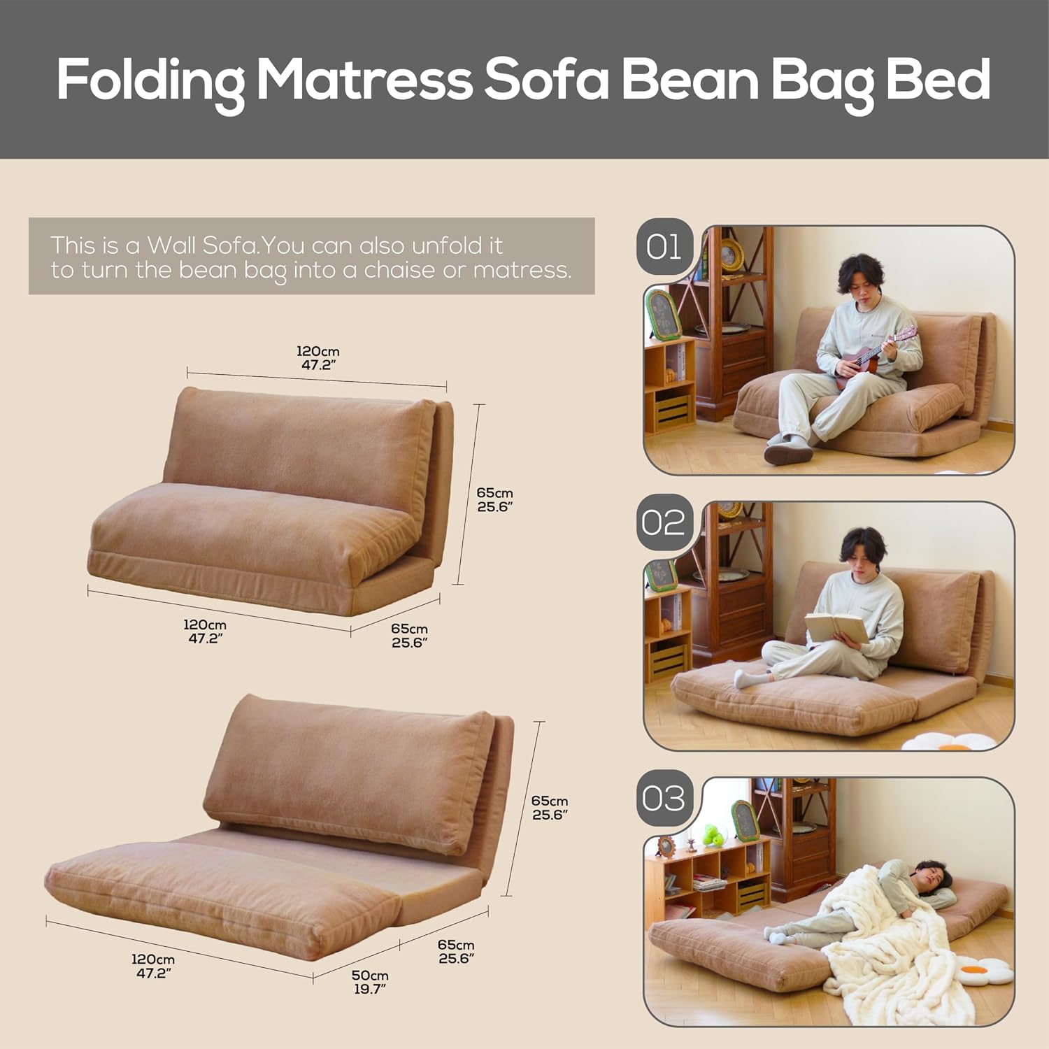 N&V Folding Matress Sofa Bean Bag Bed, Foam Filling Folding Matress Sofa, Includes Removable and Machine Washable Cover, Soft Premium Faux Fur (Medium, Brown)