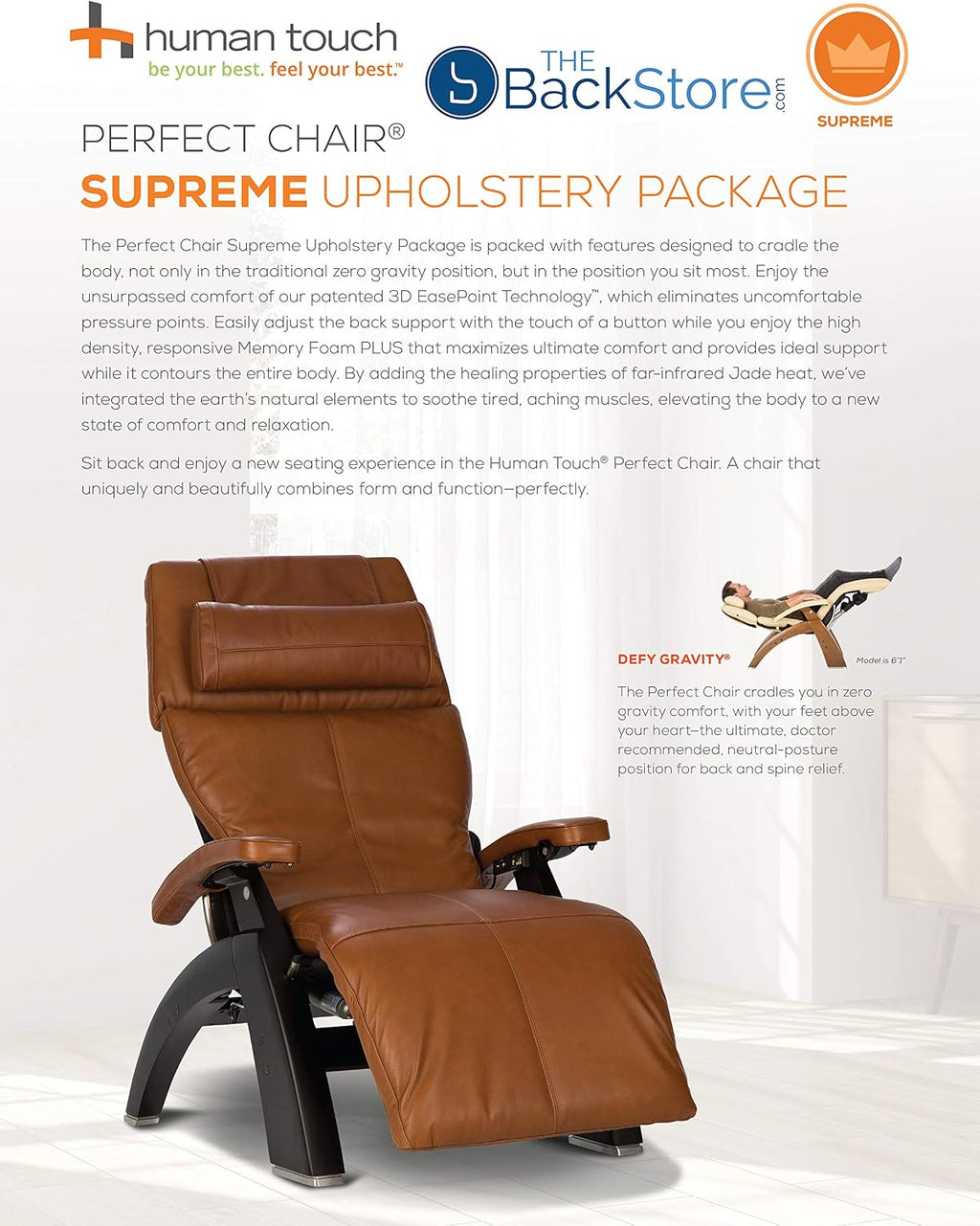 Perfect Chair Human Touch PC-610 Omni-Motion Classic Power Recline Zero Gravity Recliner Supreme Upholstery Package Matte Black Wood Stain - Oak Premium Leather
