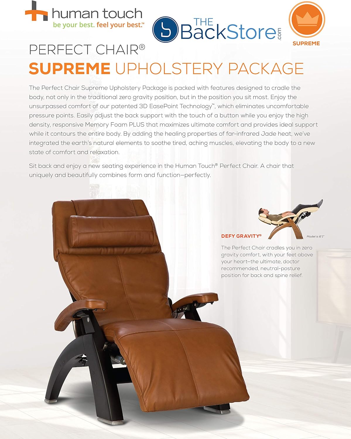 Perfect Chair Human Touch PC-610 Omni-Motion Classic Power Recline Zero Gravity Recliner Supreme Upholstery Package Matte Black Wood Stain - Oak Premium Leather