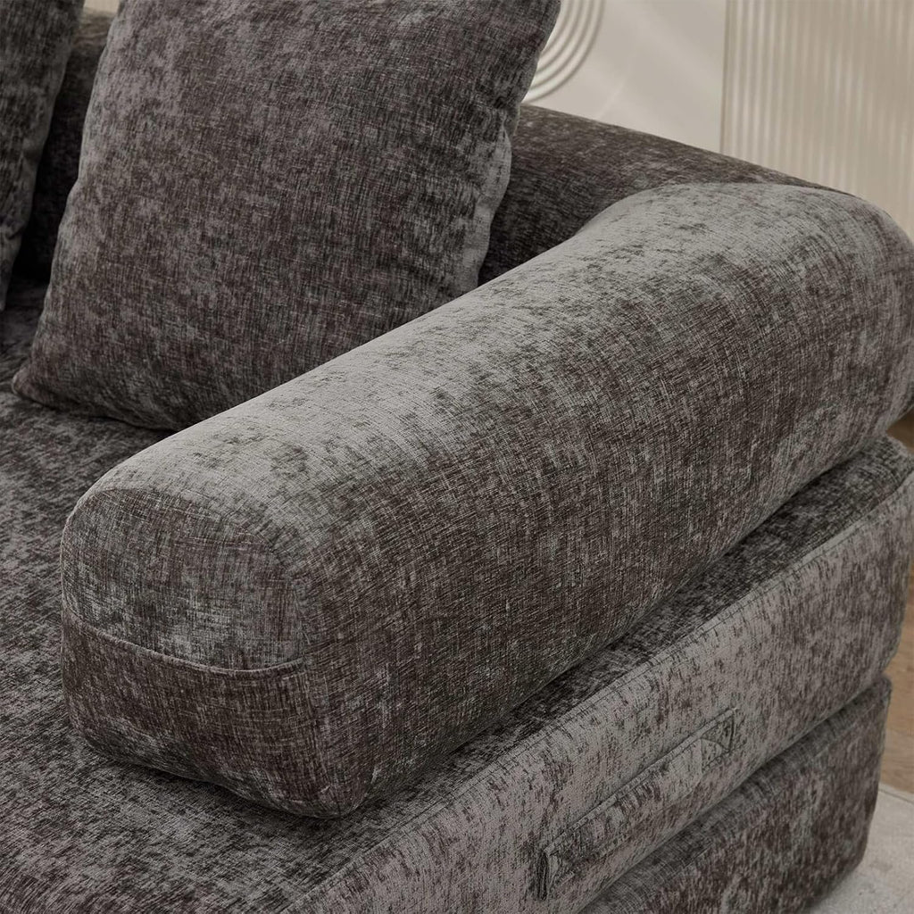 Futon Sofa Bed, Modular Convertible Folding 3 Seater Chenille Foam Floor Loveseat Sleeper Sofa Couch with 3 Pillows, No Assembly Compressed Boneless Couch, for Living Room Bedroom Guest Room, Grey