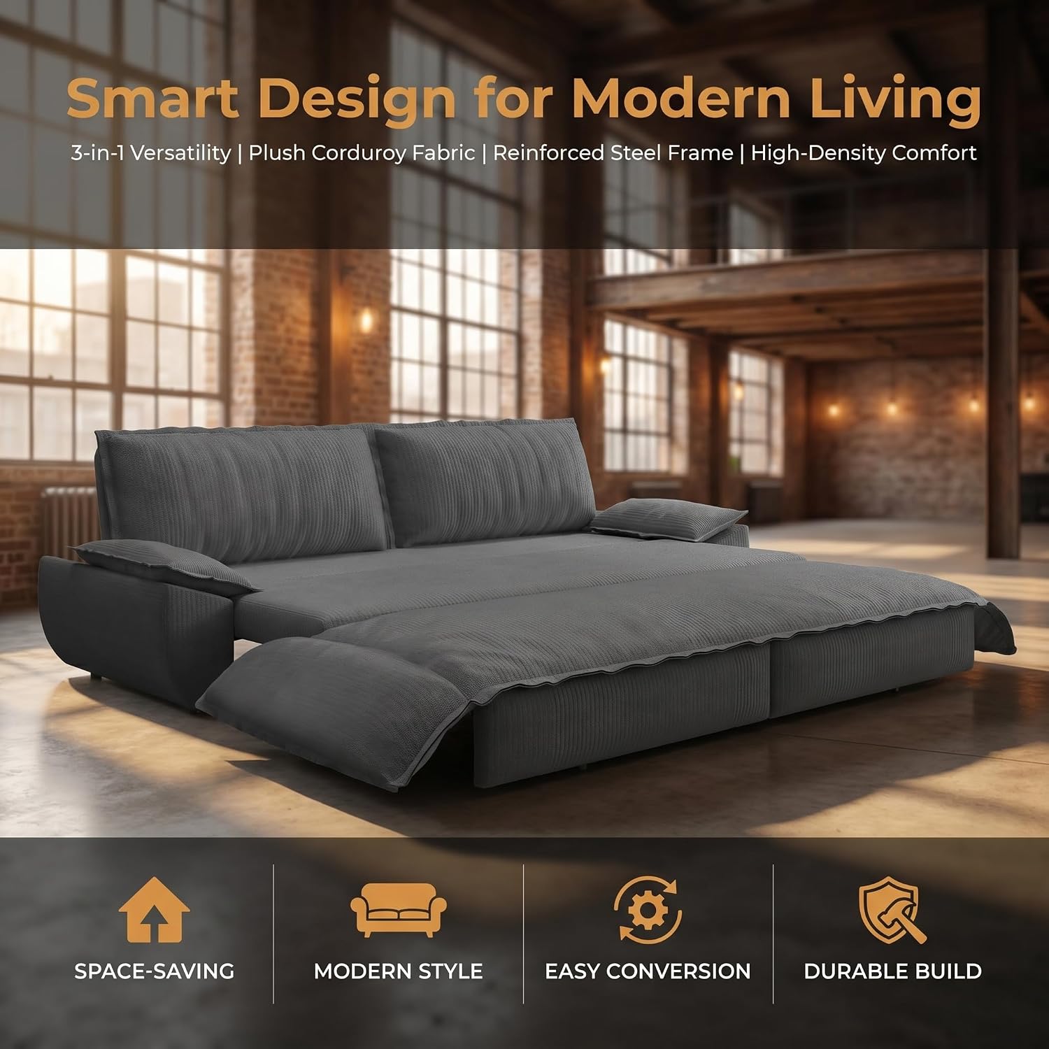 73.2' Sofa Bed Queen, 3-in-1 Pull Out Sofa Bed with Pillow Armrest, Modern Corduroy Convertible Sleeper Futon Sofa for Living Room Small Space, Apartment, Bedroom, Grey