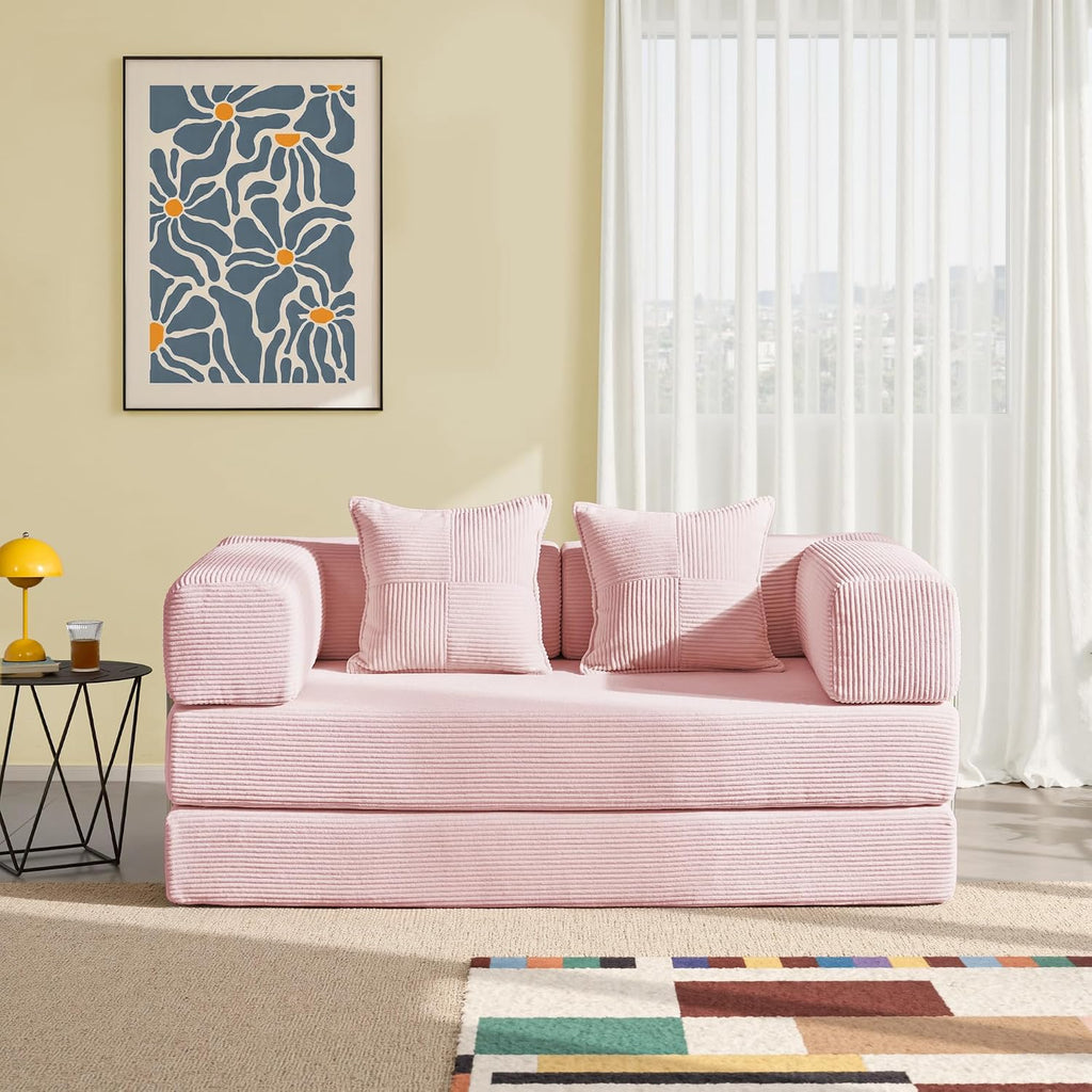 YINIX Sofa Bed, 62'' Folding Floor Couch, Compressed Convertable Sleeper Sofa, Memory Foam Couch with Pillow Back Support Armrest, 4-in-1 Futon Sofa Bed for Living Room, Hot Pink