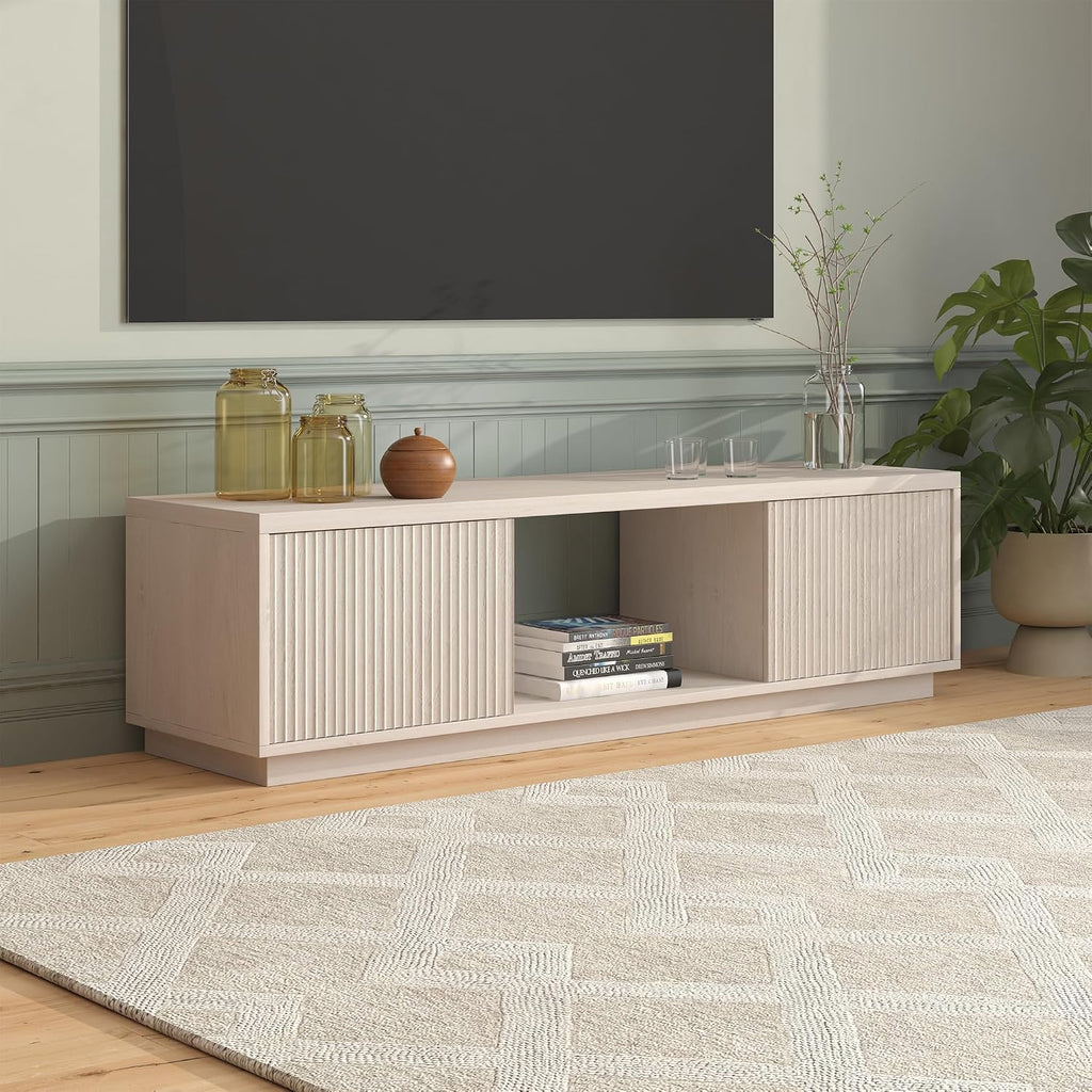 Henn&Hart Fluted TV Stand for TVs up to 65' with 2 Side Storage Cabinets and Open Center Storage for Living Room, Family Room, or Office, Beech White