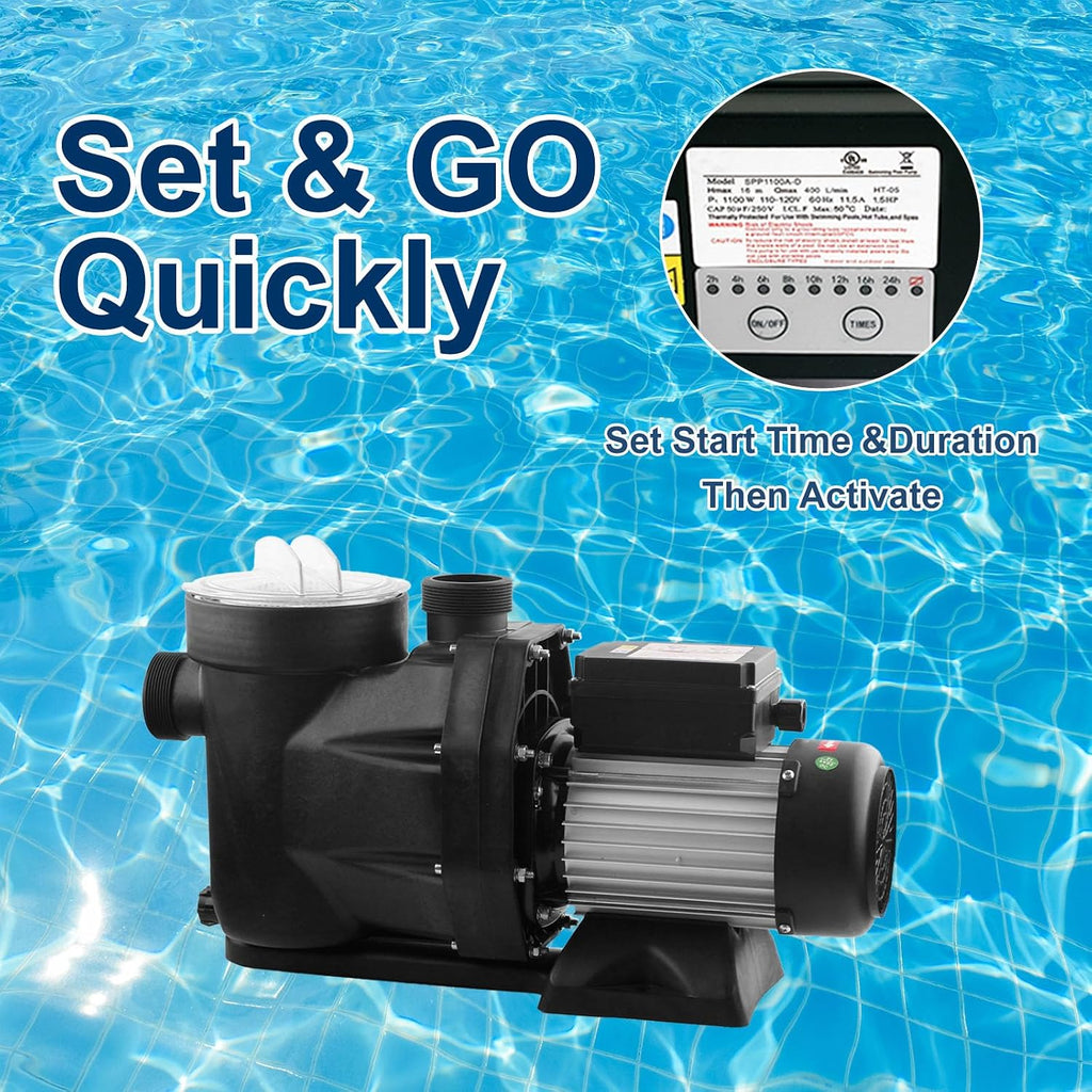 Pool Pump with Timer Above Ground/1.5HP Swimming Pool Pump 7350GPH In/Above Ground Pool Pump with High Efficiency and Low Noise,Apply to Water Circulation in Filtration System