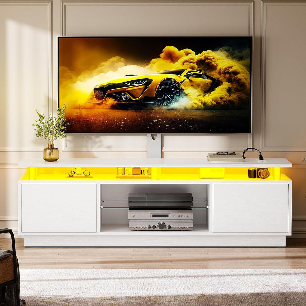 YITAHOME Modern TV Stand with Mount & 2 Doors for 75/70/65 Inch TVs - Built-in Power Outlets, LED Light Strip, Media Console with Storage, Entertainment Center for Living Room, White