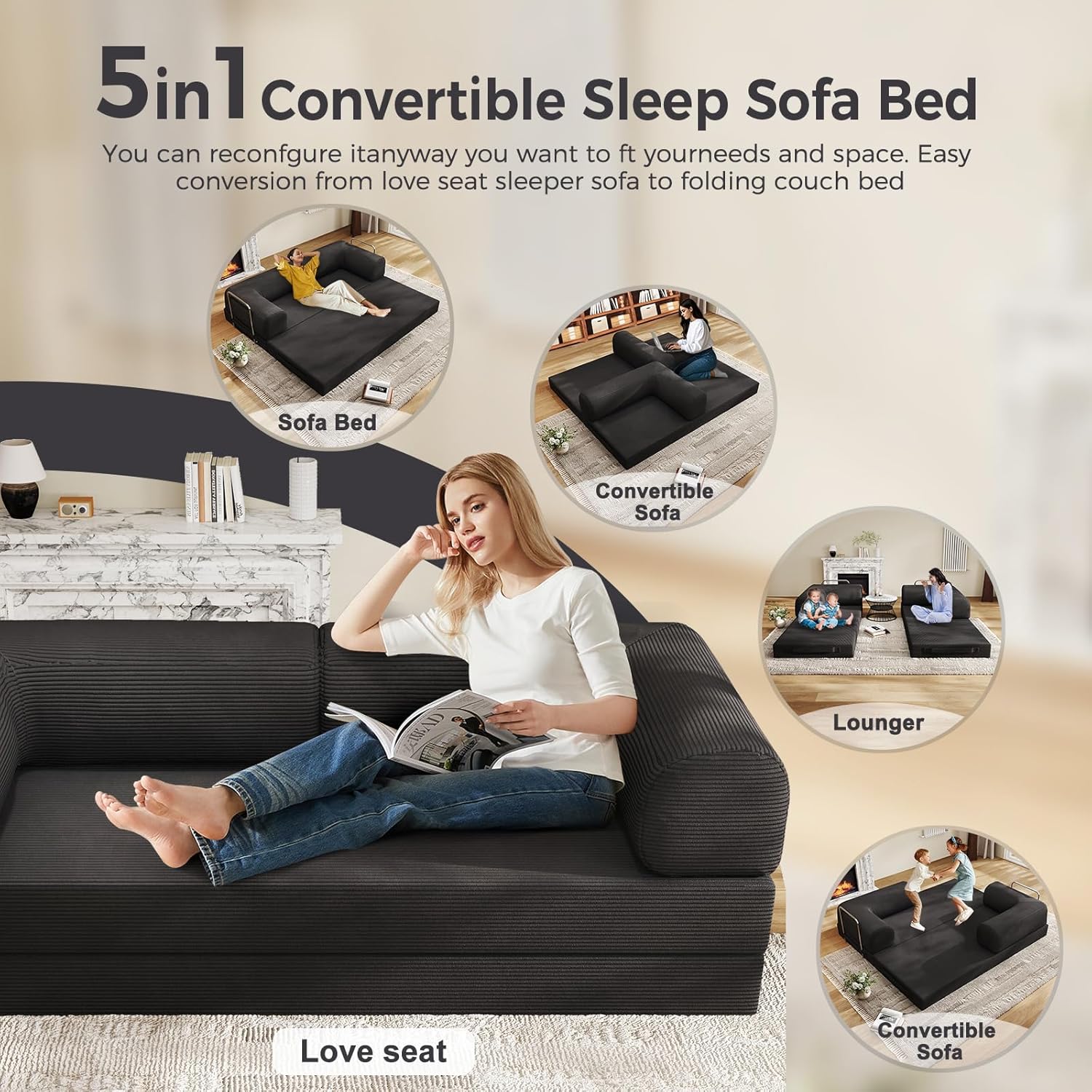 78.8' Convertible Sofa Bed,Corduroy Futon Couch, Folding Pull Out Futon Sofa,No Assembly Boneless Couch for Living Room