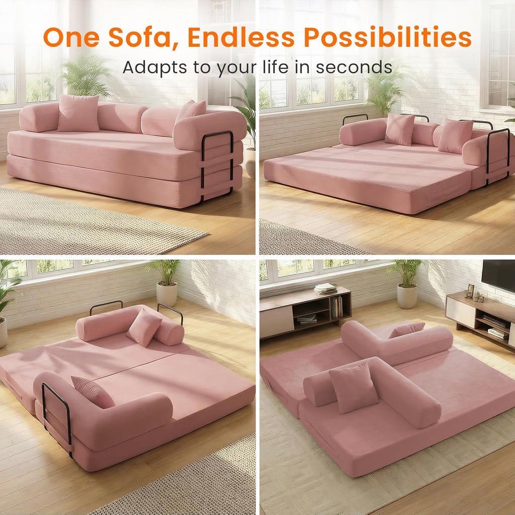 ijuicy 4-in-1 King Convertible Floor Sofa Bed w/ 2 Pillow,Modular Sleeper Sofa/Folding Futon Couch Bed w/Cylindrical Backrest and Fixed Frame,Lounge Couch,Corduroy Compression Sofas for Home-Pink
