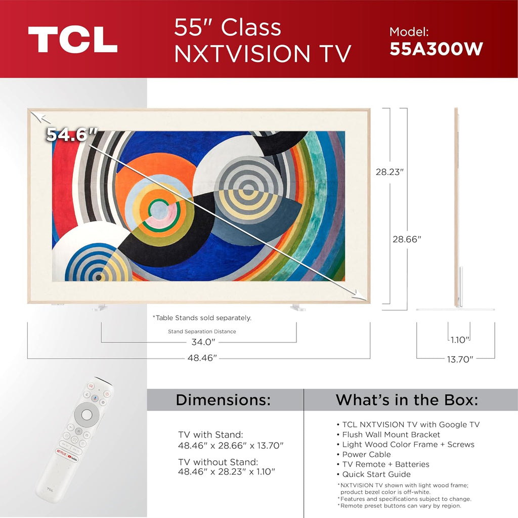 TCL 55 Inch Class NXTVISION Series Picture Frame Canvas Art TV | 55A300W, 2024 Model | QLED 4K HDR Smart Google TV | 120HZ Dolby Atmos Audio | Voice Remote Alexa Google Apple Streaming Television