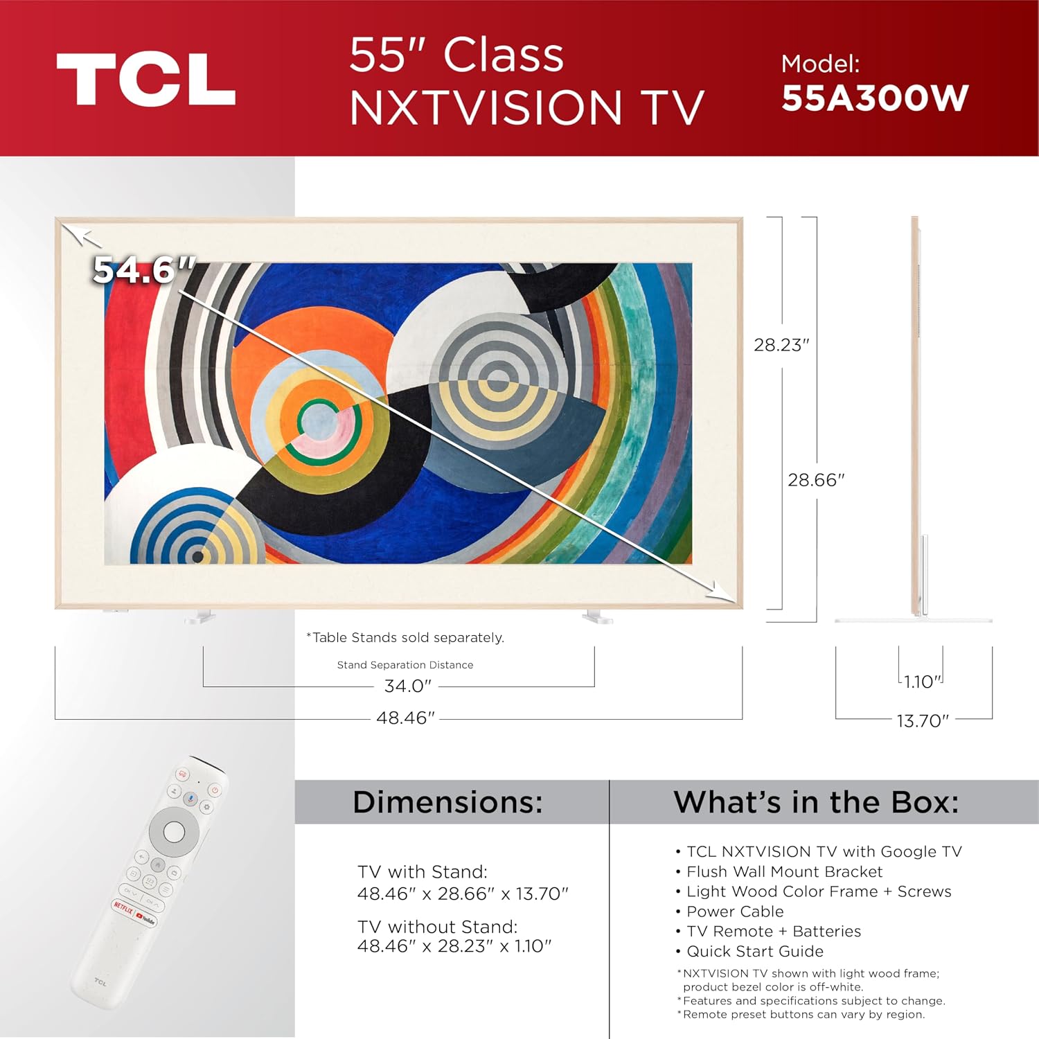 TCL 55 Inch Class NXTVISION Series Picture Frame Canvas Art TV | 55A300W, 2024 Model | QLED 4K HDR Smart Google TV | 120HZ Dolby Atmos Audio | Voice Remote Alexa Google Apple Streaming Television