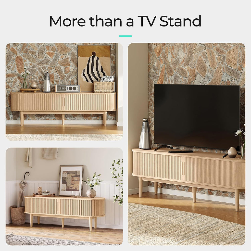 LINSY HOME 70' Fluted TV Stand for TVs up to 80 Inch, Mid Century Modern Entertainment Center with Storage Cabinet and Sliding Doors, Farmhouse Wood Media TV Console for Living Room, Bedroom, Oak