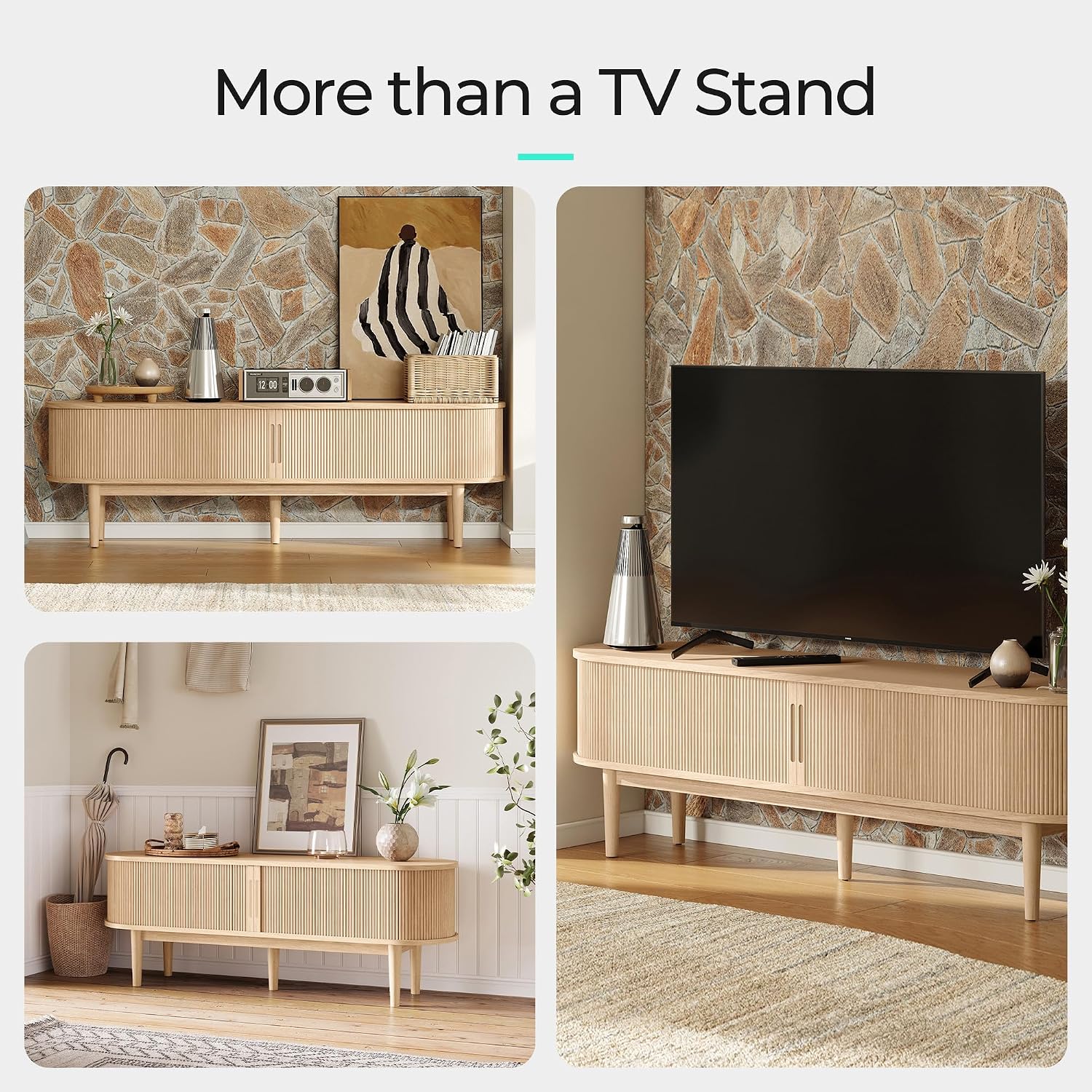 LINSY HOME 70' Fluted TV Stand for TVs up to 80 Inch, Mid Century Modern Entertainment Center with Storage Cabinet and Sliding Doors, Farmhouse Wood Media TV Console for Living Room, Bedroom, Oak