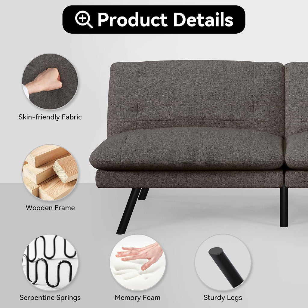 Convertible Sofa Bed,Linen Futon Sofa Couch,Detachable Cushion,Adjustable Backrest,Memory Foam Folding Futon Loveseat Sleeper for Living Room,Office,Apartment,Pure Grey