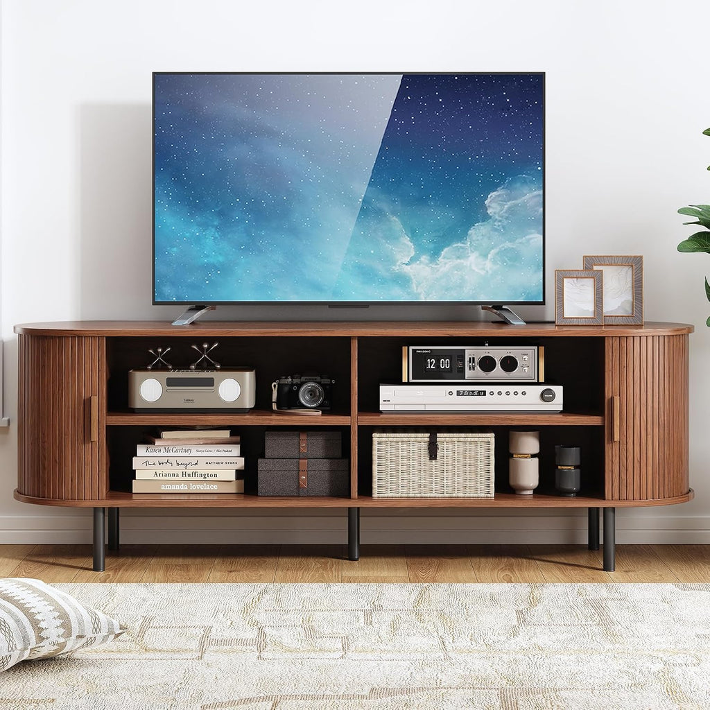 63' Fluted TV Stand with Power Outlet, Modern Media Console with Sliding Doors, Entertainment Center for TVs up to 60 Inch, Adjustable Shelves, Walnut