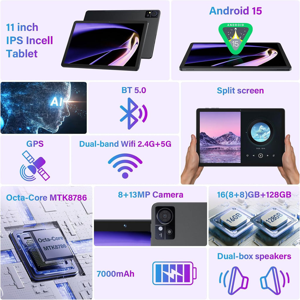 11 Inch-Android 15 Tablet 2026 Latest Update 16GB RAM 128GB ROM 1TB Expandion 5G WiFi Cellular 21MP Dual Camera Octa-core MTK8786.Gemini AI 2.0.Tablets with Keyboard,Mouse,protective film,Case-Gray