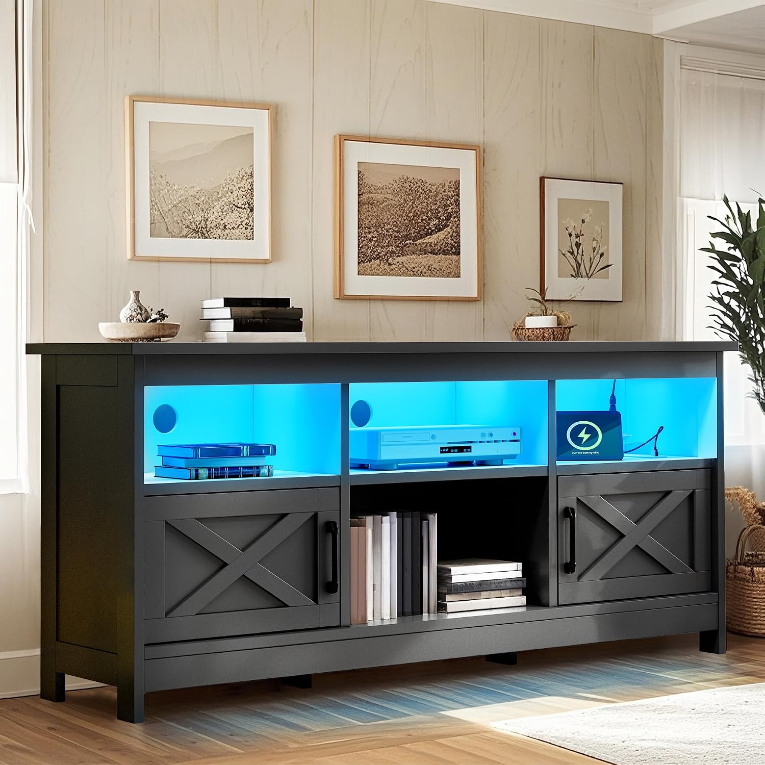YITAHOME TV Stand for 65 Inch TVs, Entertainment Center with Storage Cabinets, Power Outlet & LED Light, Media TV Console with Barn Doors for Living Room, Black