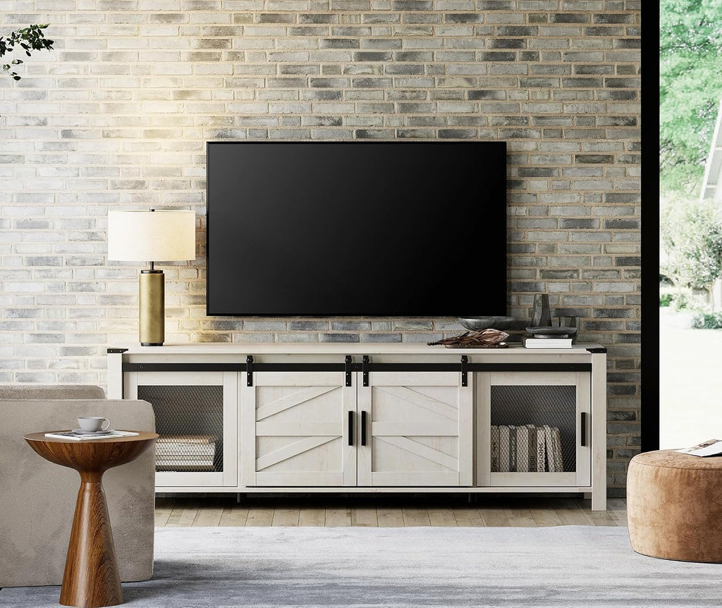WAMPAT Farmhouse TV Stand for ups to 75 inch TV,Sliding Barn Door Entertainment Center Media TV Console Table with Storage Shelf for Living Room Bedroom, Antique White