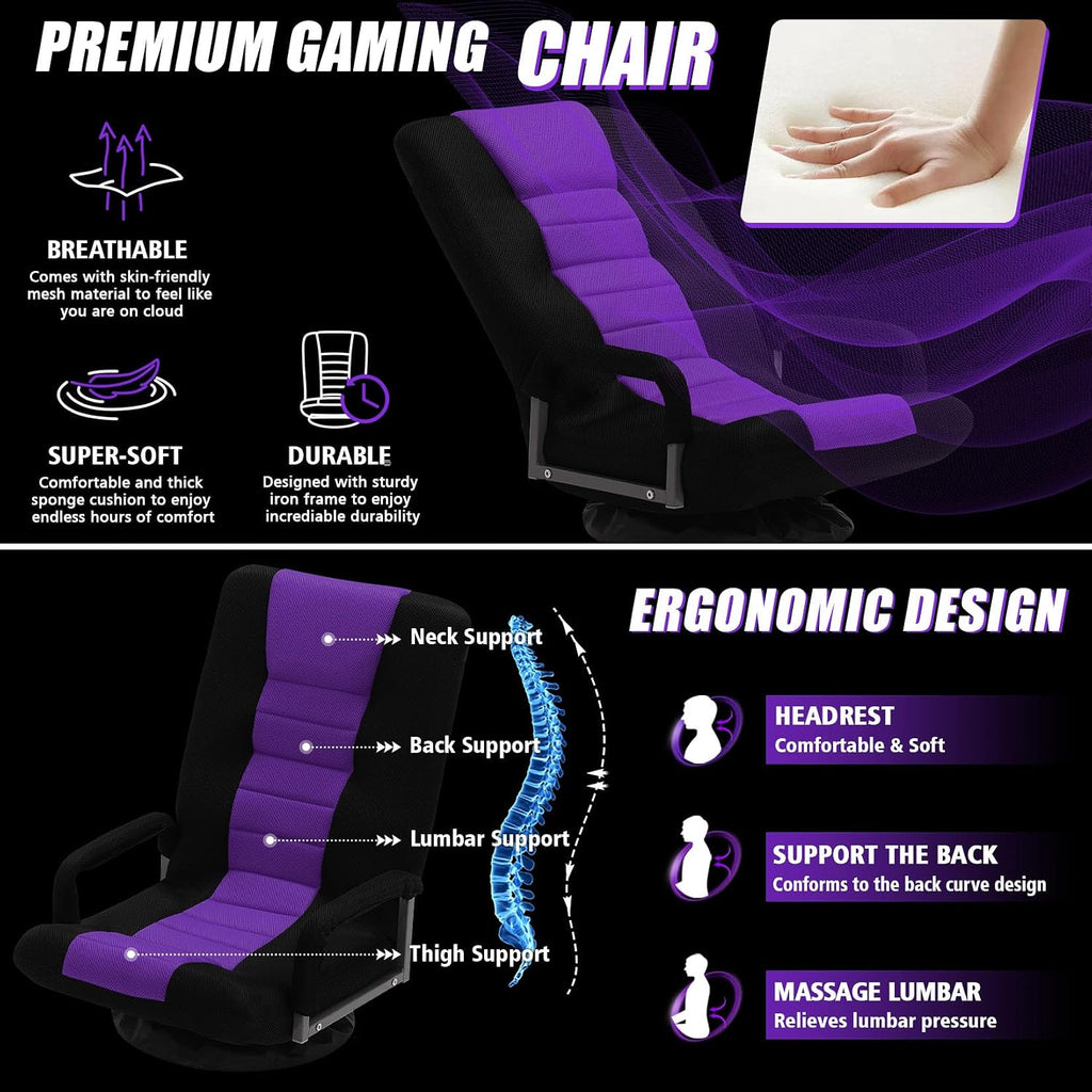 Swivel Gaming Chair Multipurpose 2PACK Floor Gaming Chair for Playing Video Games, TV, Reading w/Armrest Lumbar Support & 6 Adjustable Postion Backrest for Adults,Purple