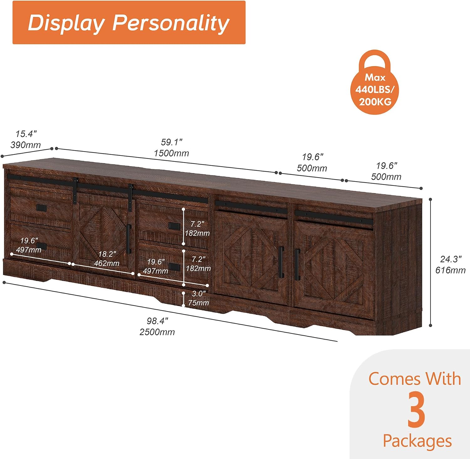 WAMPAT 98' Wide Farmhouse TV Stand for up to 110' TV, 3-in-1 Rustic Wood Entertainment Center with Drawers and Cube Cabinets for Living Room, Faux Bark Finish, Rustic Brown