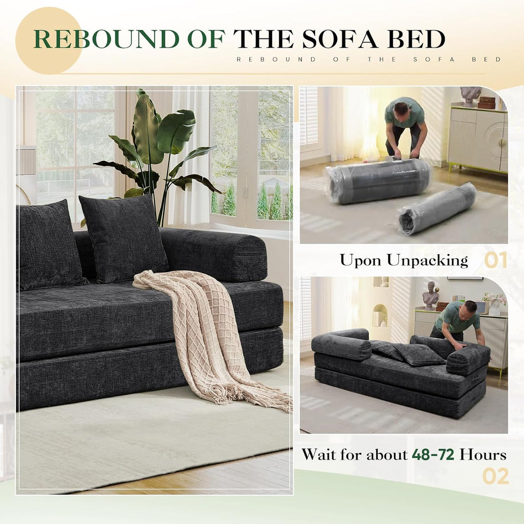 Deolme 3 in 1 Convertible Futon Sofa Bed, Modern King Size Chenille Loveseat Sleeper Sofa Folding, 3-Seater Foldable Lounger Couch Bed for Living Room, Bedroom Guest Room (Black, 3 Throw Pillows)