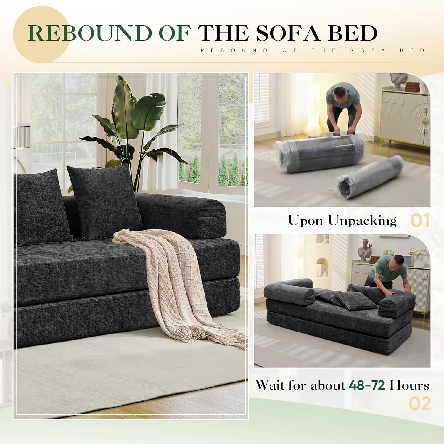 Deolme 3 in 1 Convertible Futon Sofa Bed, Modern King Size Chenille Loveseat Sleeper Sofa Folding, 3-Seater Foldable Lounger Couch Bed for Living Room, Bedroom Guest Room (Black, 3 Throw Pillows)