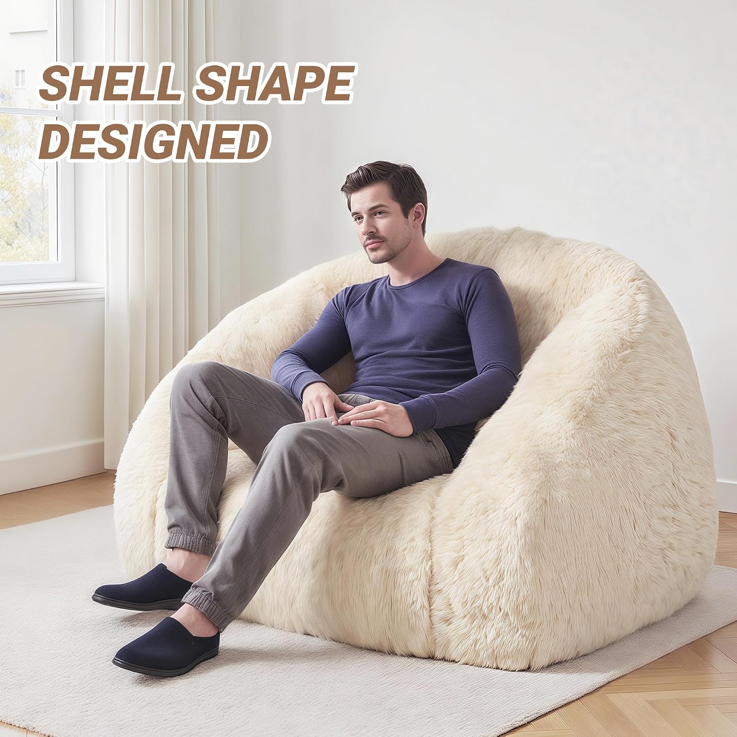 CangLong Large Bean Bag Chair with Filler, Plush Fluffy Shell Design Lounger for Adults, Ergonomic Reading Gaming Chair for Bedroom, Living Room, Dorm, Game - Light Apricot, 400lbs Support