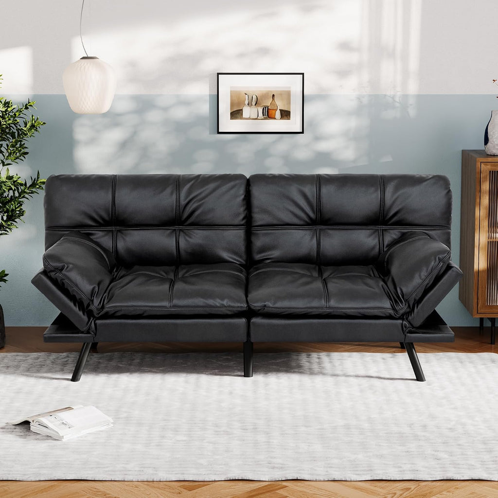 Vyfipt Convertible Futon Sofa Bed, Black Faux Leather Futon Couch with Adjustable Backrest & Armrests, Folding Small Recliner Sleeper Sofa Bed for Living Room, Apartment, Office
