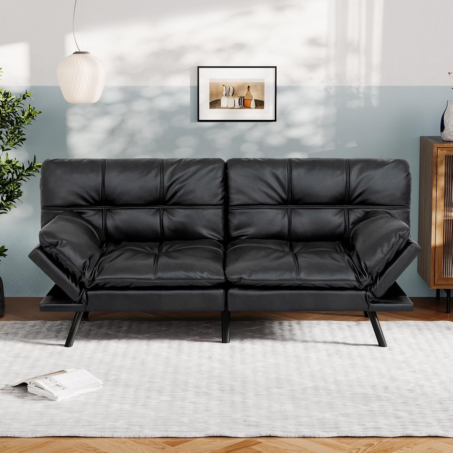 Vyfipt Convertible Futon Sofa Bed, Black Faux Leather Futon Couch with Adjustable Backrest & Armrests, Folding Small Recliner Sleeper Sofa Bed for Living Room, Apartment, Office