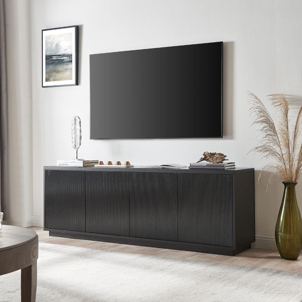 Henn&Hart Fluted TV Stand for TVs up to 75' with 2 Concealed Ribbed Storage Cabinets and Adjustable Shelves for Living Room, Family Room, or Office, Natural Black