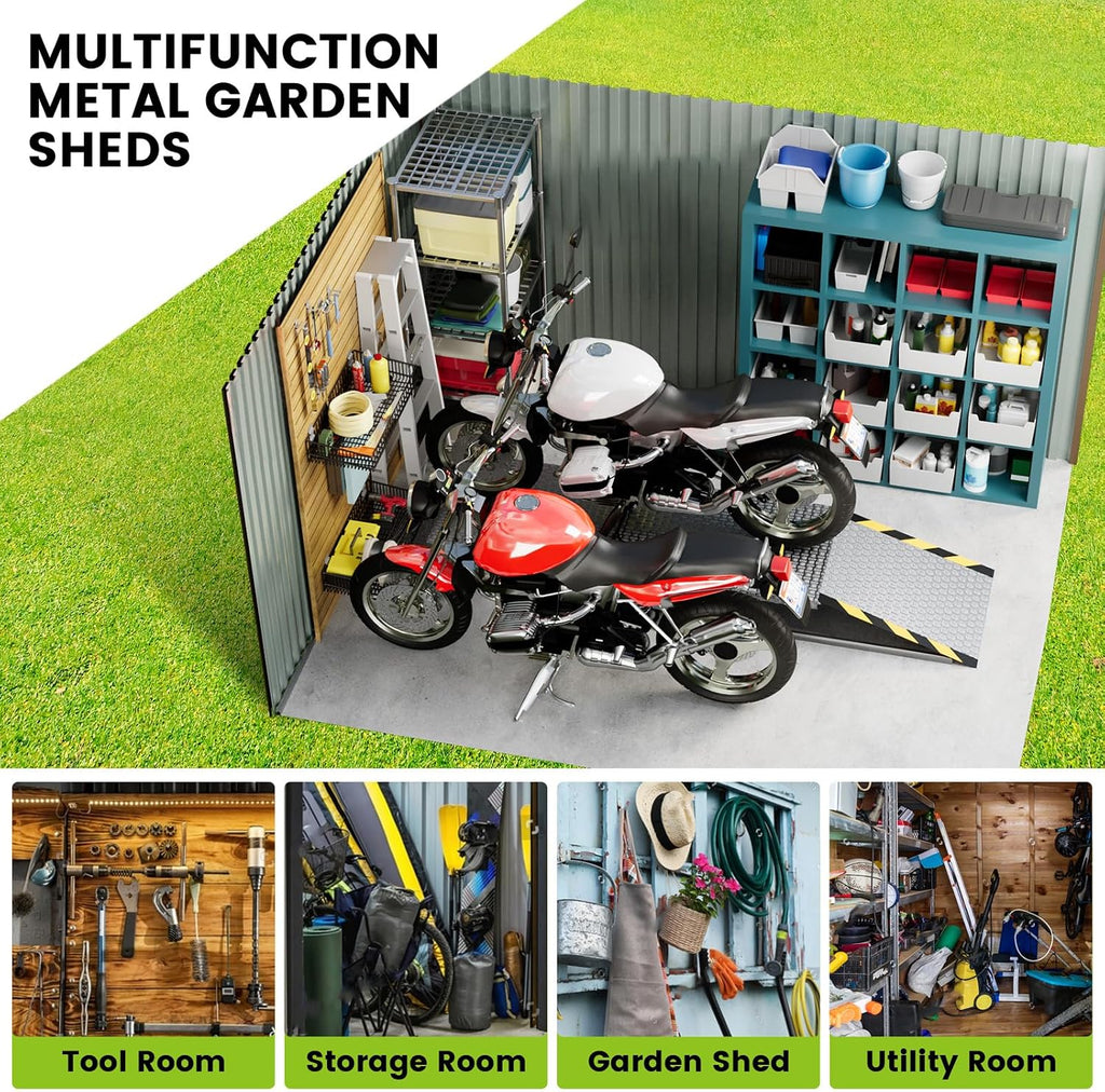 8x12 FT Outdoor Metal Storage Shed, Large Metal Storage Sheds with Sturdy Frame Structure, Garden Tool Shed with Lockable Door for Garden, Lawn, Backyard, Gray