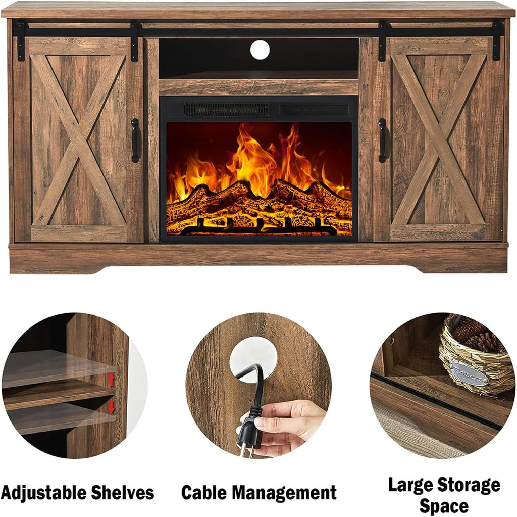 AMERLIFE 59' Fireplace TV Stand for TVs up to 65', Farmhouse Entertainment Center with Sliding Barn Doors, Storage Cabinets and Adjustable Shelves, Barnwood