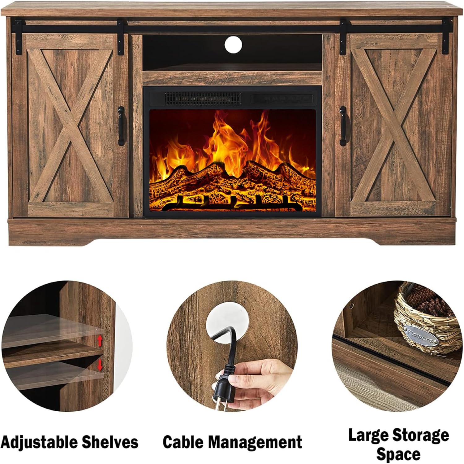 AMERLIFE 59' Fireplace TV Stand for TVs up to 65', Farmhouse Entertainment Center with Sliding Barn Doors, Storage Cabinets and Adjustable Shelves, Barnwood