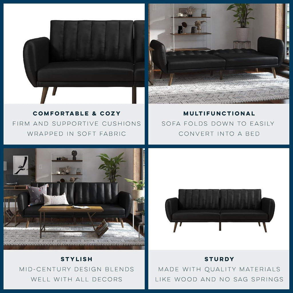 Novogratz Brittany 82 Inch Futon Sofa Bed in Faux Leather, Upholstered Couch Sleeper with Tufted Back, Mid-Century Modern Design, Black