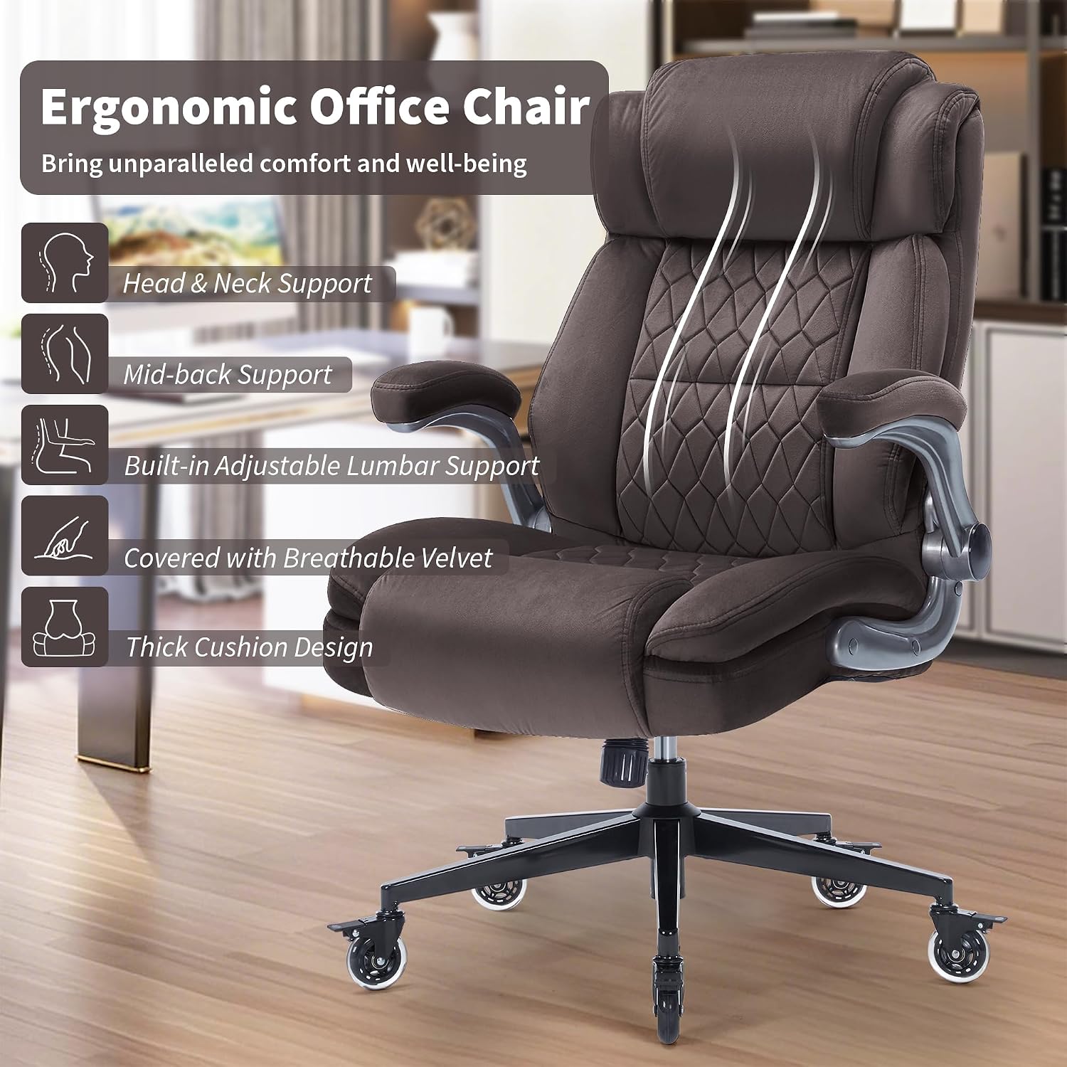Office Chair with Locking Wheels, Ergonomic High Back Fabric Desk Chair with Adjustable Lumbar Support, Flip-Up Arms, Thick Padded Seat, 400lbs Heavy Duty for Home Office Adults