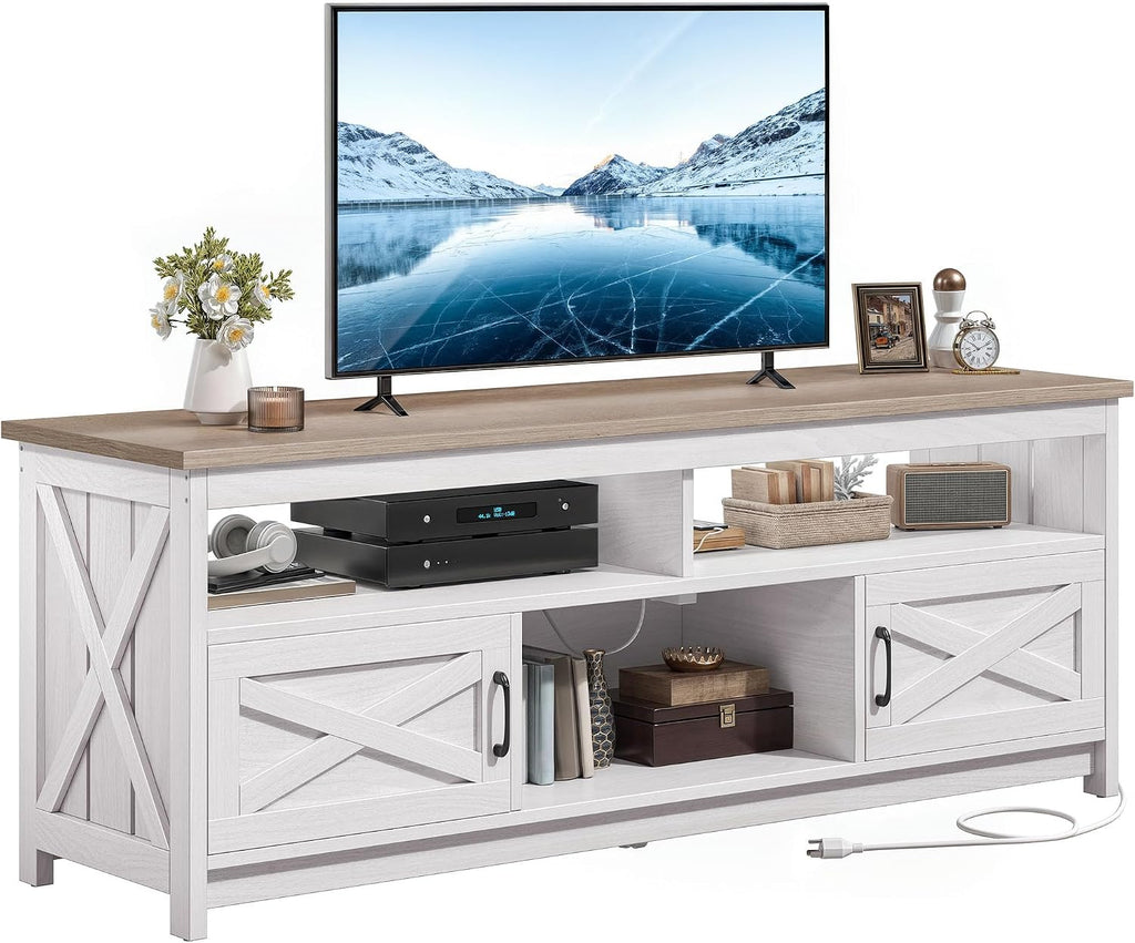 YITAHOME Farmhouse TV Stand for 65/75 Inch Television, Entertainment Center Television Stand with Power Outlets and Open Shelf, Media Console TV Cabinet for Living Room, Grey White/Grey Wash