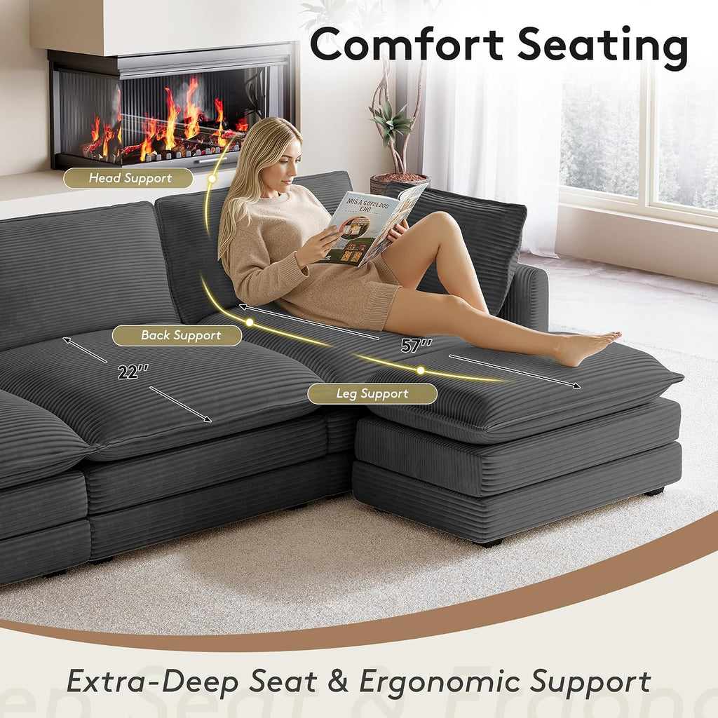 ROWHY 104'' Modular Sectional Cloud Couch with Movable Ottoman, 4 Seat Modern Corduroy Sofa, Deep Seat L Shaped Couch for Living Room Bedroom Apartment, Dark Grey