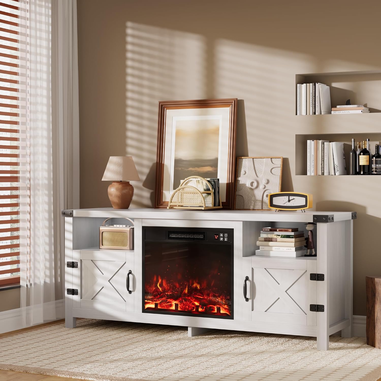 Furmax Fireplace TV Stand for 65 Inch TV, Fireplace Entertainment Center with Storage Cabinets and 2 Open Shelves, Modern Media TV Console Table for Living Room (White)