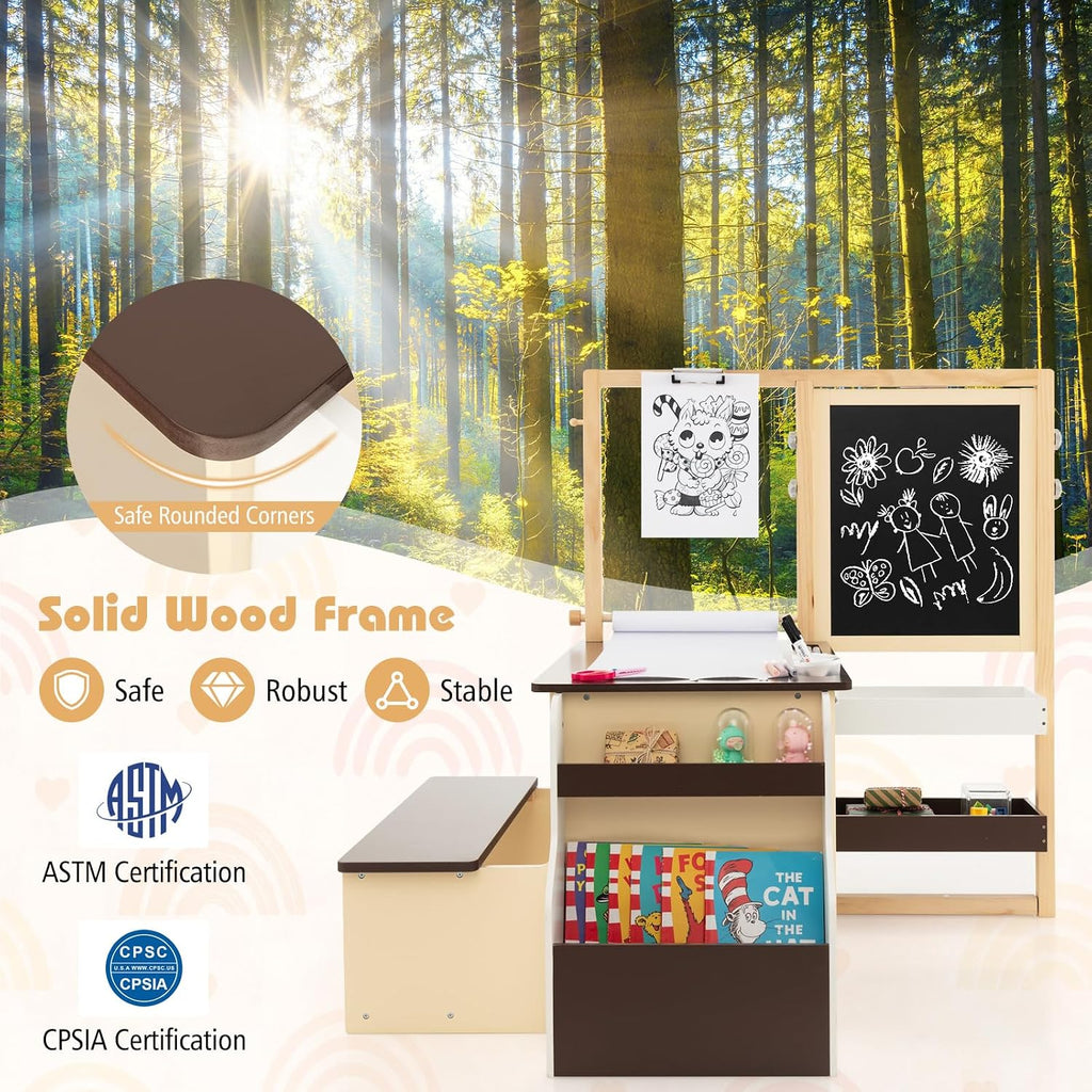 HONEY JOY Kids Art Easel, 6-in-1 Wooden Double-Sided Toddler Table & Chair Set w/Adjustable Magnetic White Board & Chalkboard, Paper Roll, Bookshelf, Storage, Kids Art Table and Chair (Coffee)