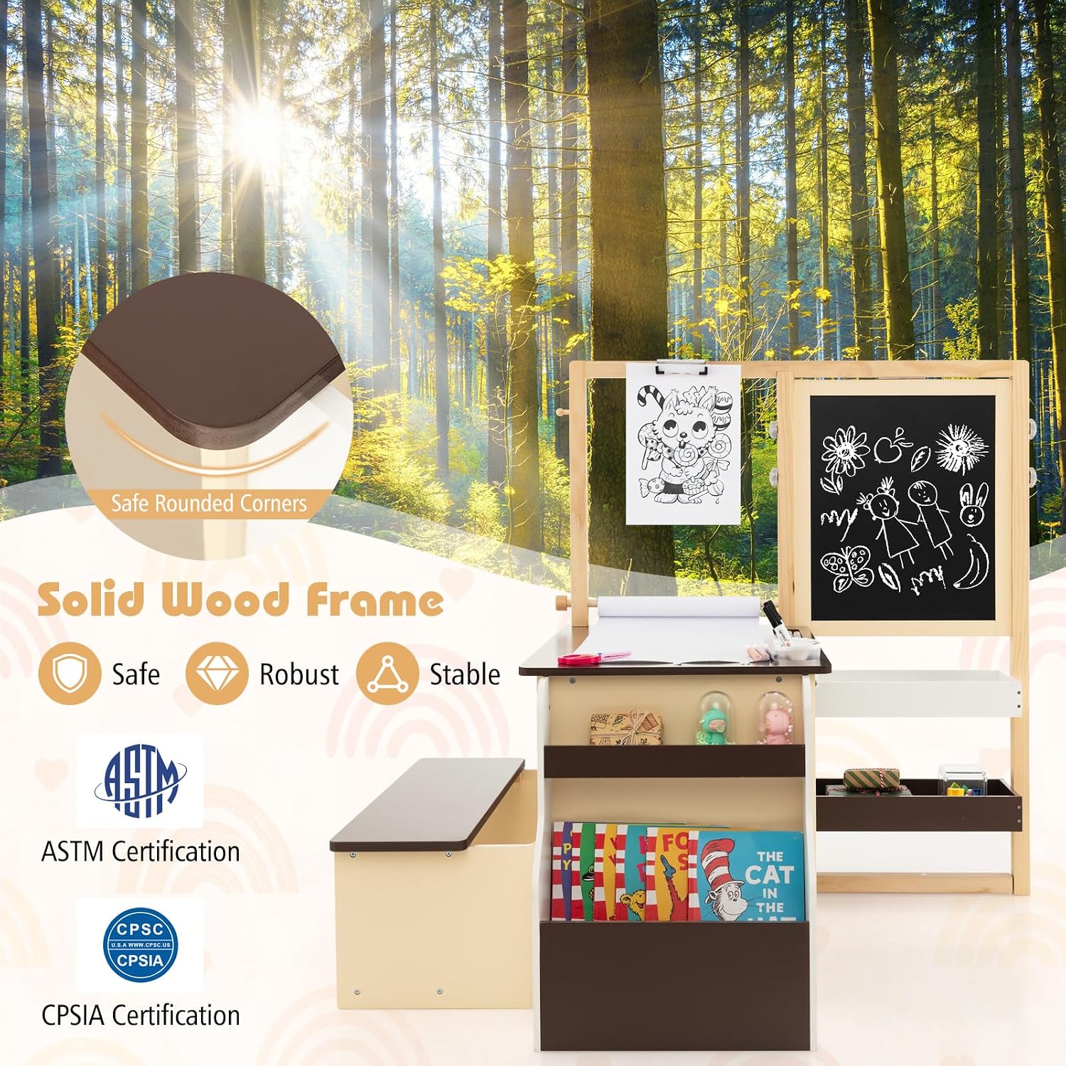 HONEY JOY Kids Art Easel, 6-in-1 Wooden Double-Sided Toddler Table & Chair Set w/Adjustable Magnetic White Board & Chalkboard, Paper Roll, Bookshelf, Storage, Kids Art Table and Chair (Coffee)