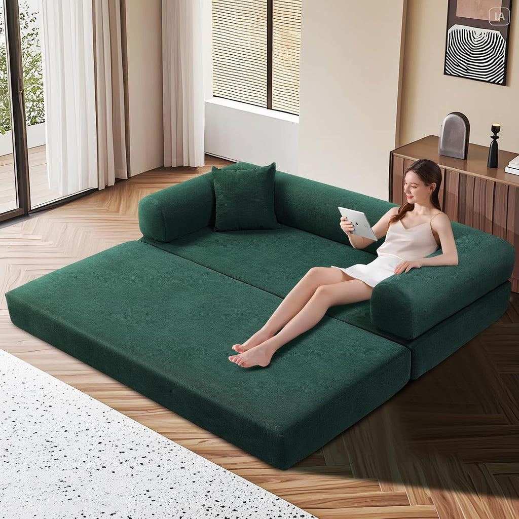 KBQ 3-Seat Convertible Sleeper Sofa Bed with 2 Pillows, Corduroy Folding Mattress Couch, Floor Sofa Lounge Couch for Living Room Bedroom Lounge Studio, Deep Green