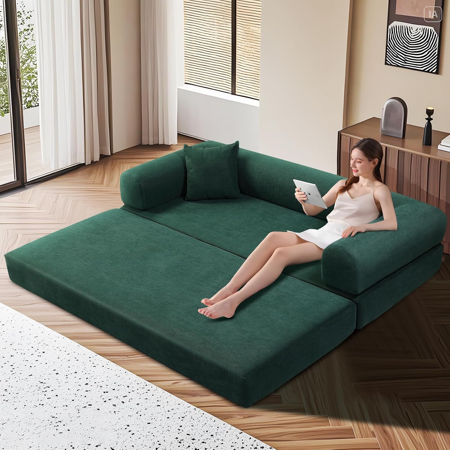KBQ 3-Seat Convertible Sleeper Sofa Bed with 2 Pillows, Corduroy Folding Mattress Couch, Floor Sofa Lounge Couch for Living Room Bedroom Lounge Studio, Deep Green