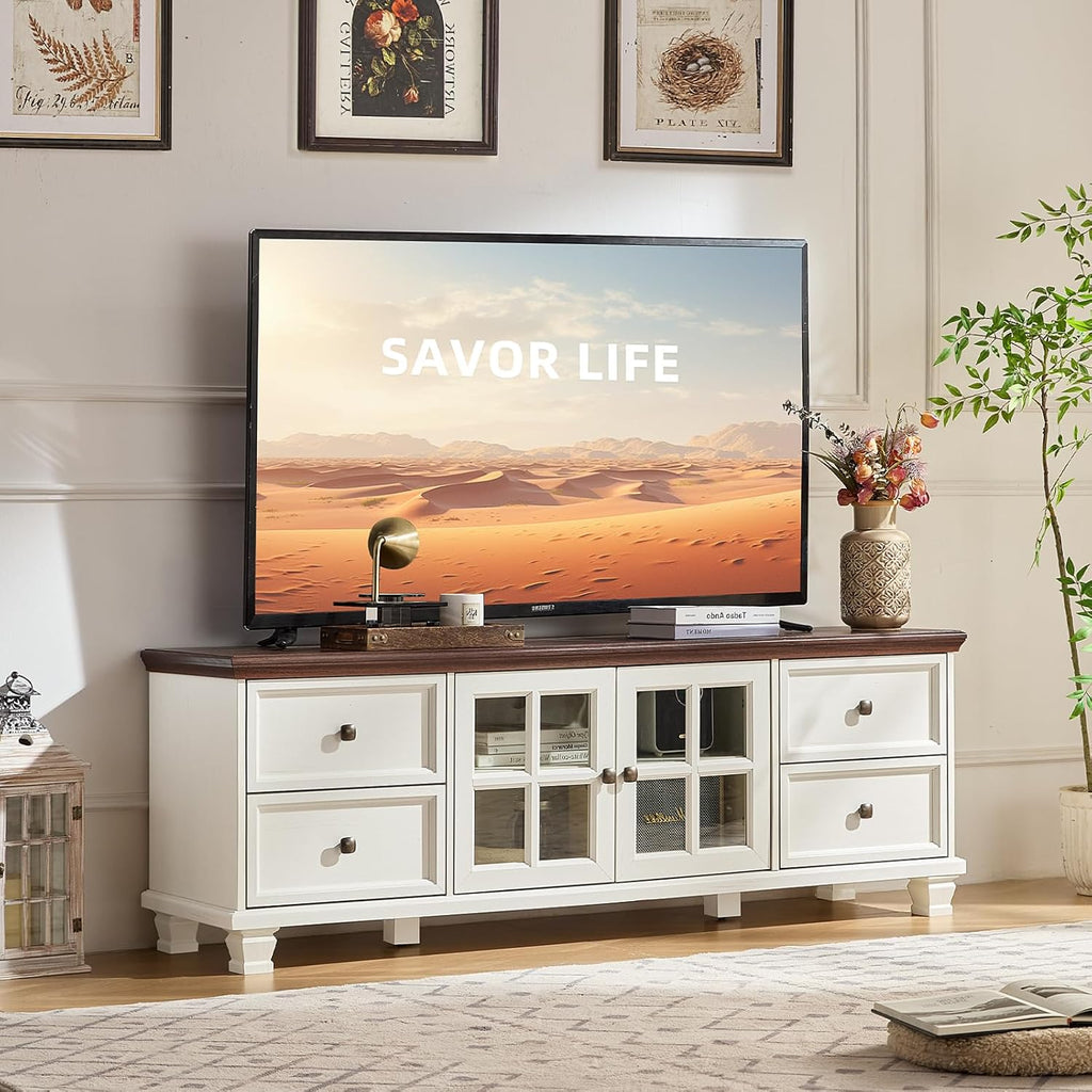 SAVOR LIFE TV Stands for Living Room, Farmhouse Entertainment Center, Rustic Wood TV Stand with Drawers for 75 Inch TV, White