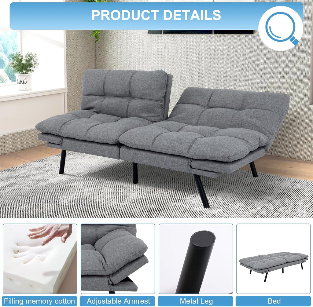 MUUEGM Futon Sofa Bed Couch Sofa, Memory Foam Futon Sleeper Sofa Loveseat Convertible Couch Bed for Small Compact Spaces, Apartment,Light Grey.