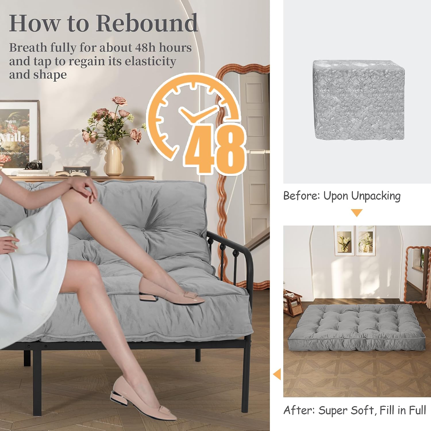 8' Full Size Futon Mattress Sofa Bed, Extra Thick Foldable Floor Mattress, Shredded Foam Filling for Adults/Teens/Pets with No Assembly Needed, Frame Not Included - Grey