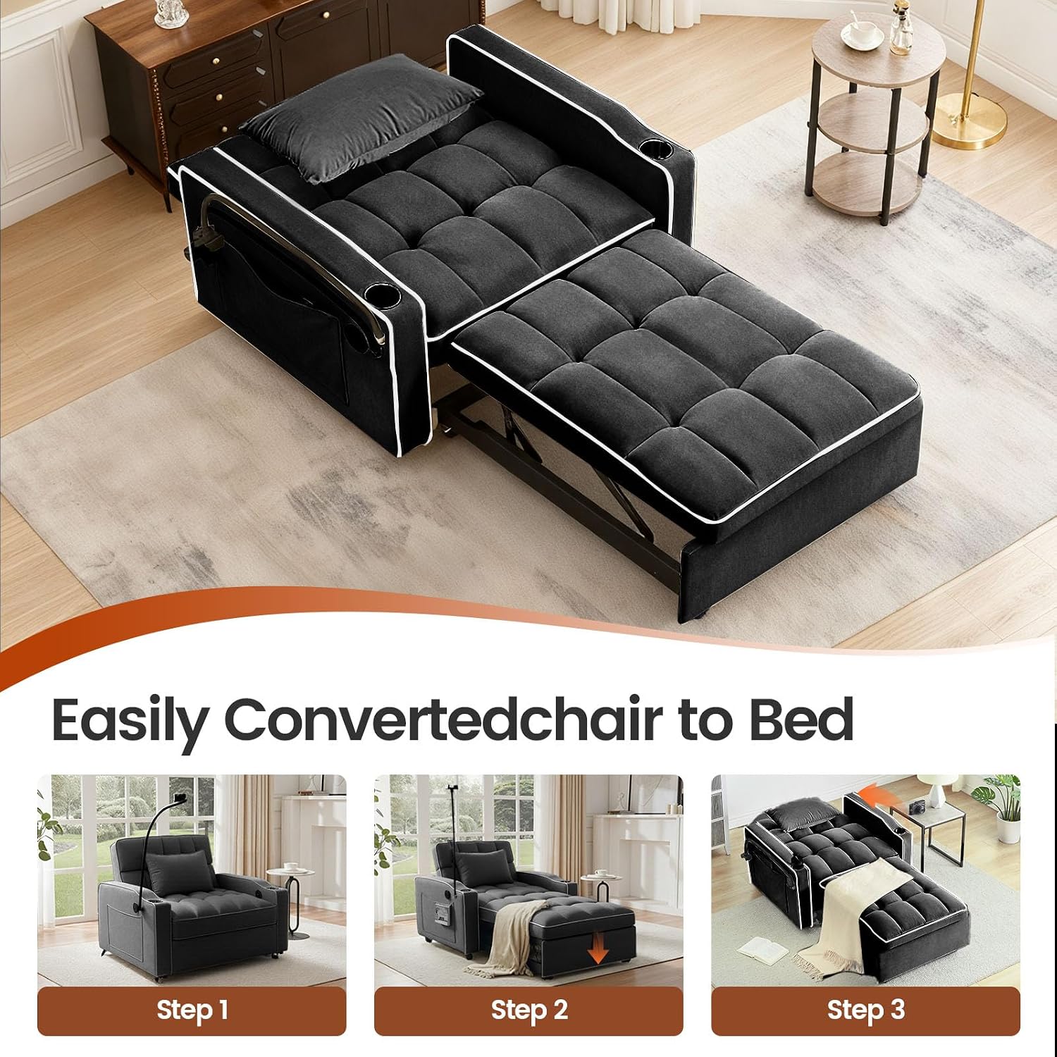 Convertible Sleeper Chair Bed, Pull Out Chair Sleeper with Bracket and Cup Holder, Chairs Bed Sleepers for Adults, 3 in 1 Sofa Bed Chairs for Small Spaces, Living Room, Black
