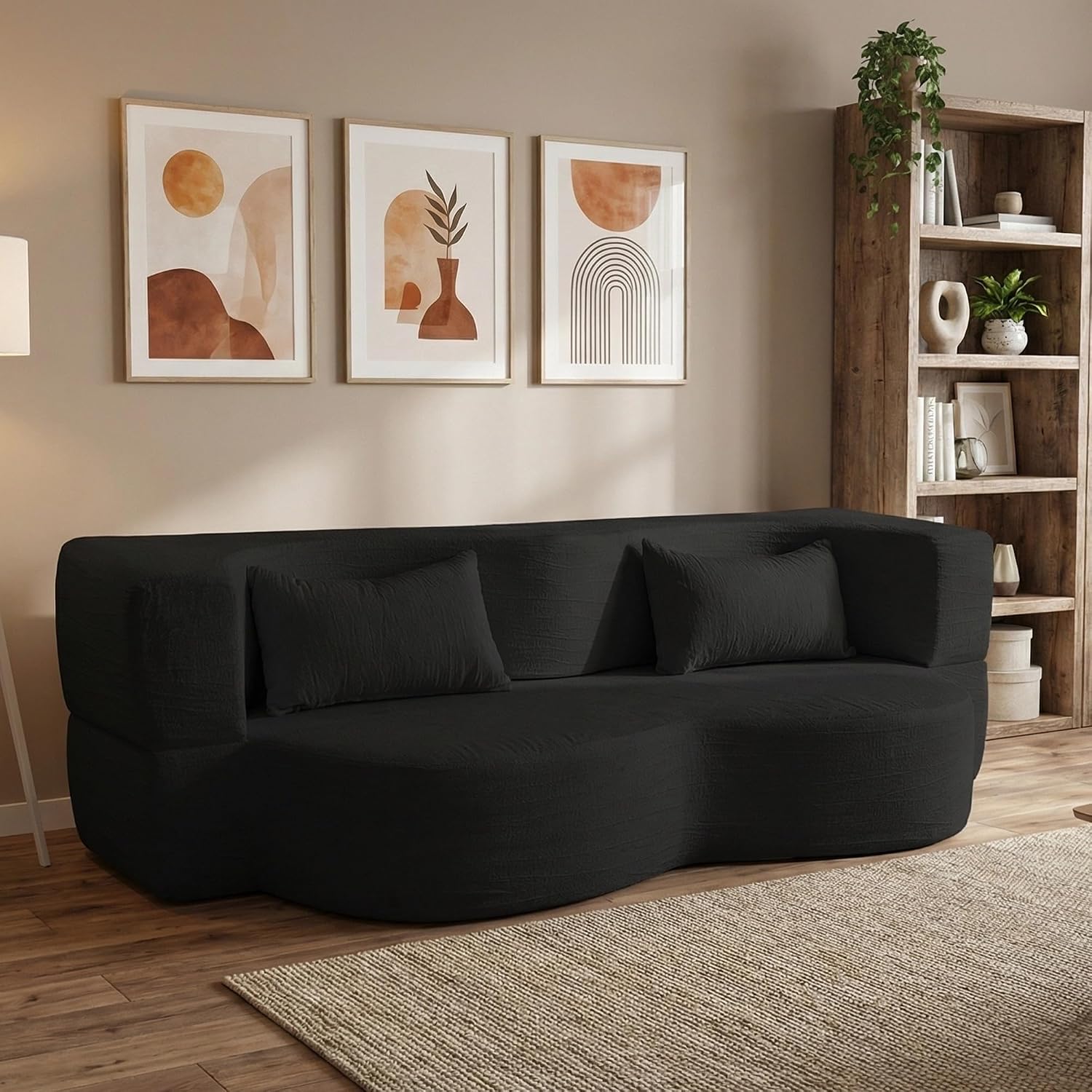2-in-1 Convertible Sofa,78 Inch Folding Sofa Bed Pull Out Sofa with 2 Pilow Lazy Sofa, Teddy Loveseat Sleeper Floor Sofa for Apartment Children's Room Bedroom Living Room (Teddy, Black)