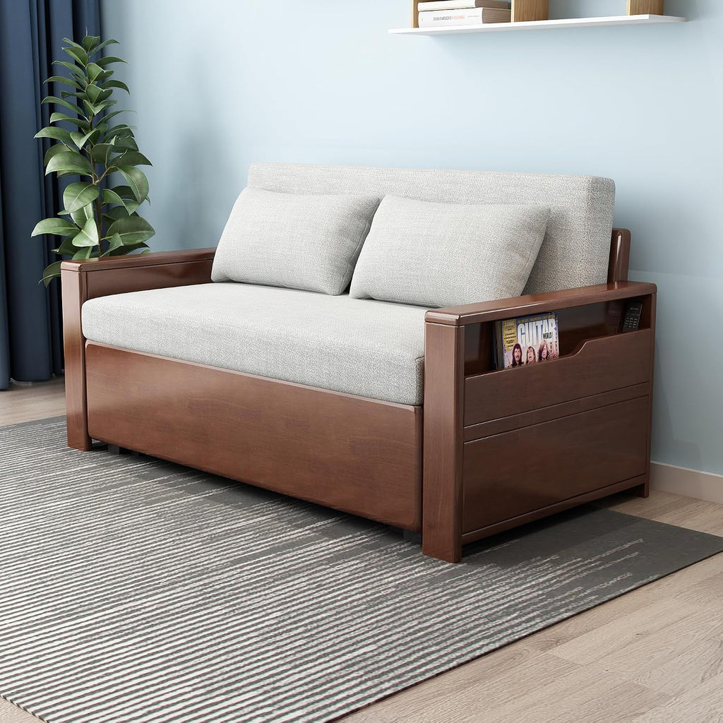 59' convertible sofa sleeper with storage,grey soft cushion sectional sleeper sofa with reversible chaise,walnut color wood sofa bed 3 in 1 pull out couch bed for livingroom,apartment,bedroom,office