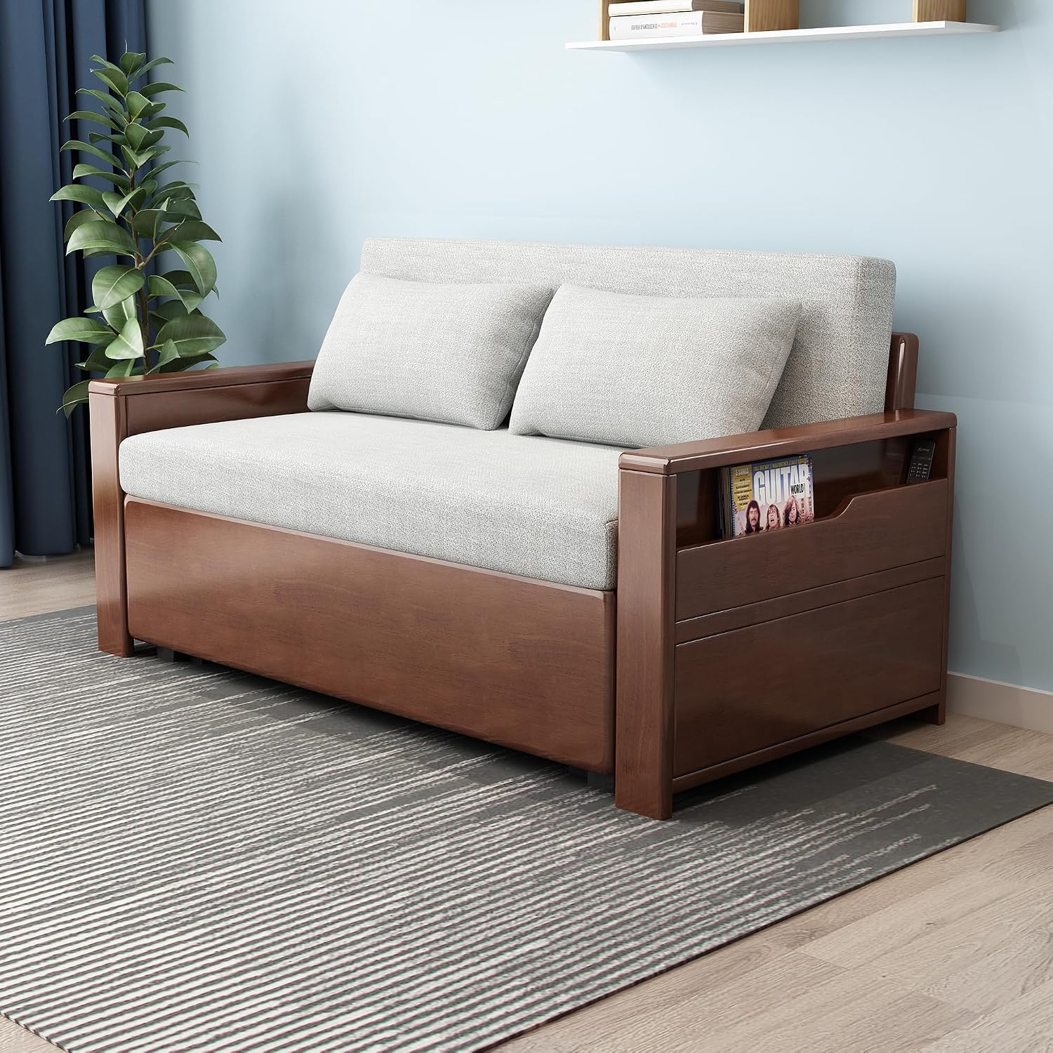 59' convertible sofa sleeper with storage,grey soft cushion sectional sleeper sofa with reversible chaise,walnut color wood sofa bed 3 in 1 pull out couch bed for livingroom,apartment,bedroom,office