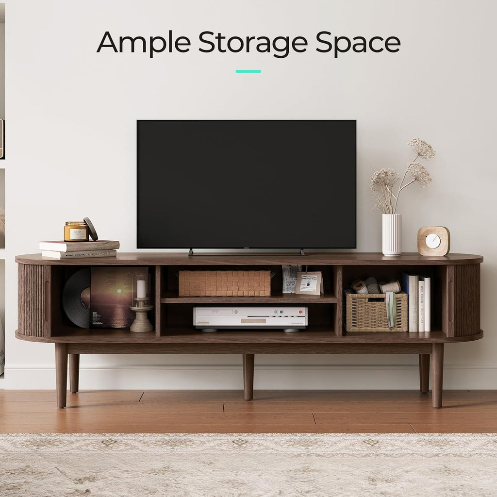 LINSY HOME 70' Fluted TV Stand for TVs up to 80 Inch, Mid Century Modern Entertainment Center with Storage Cabinet and Sliding Doors, Farmhouse Wood Media TV Console for Living Room, Bedroom, Walnut