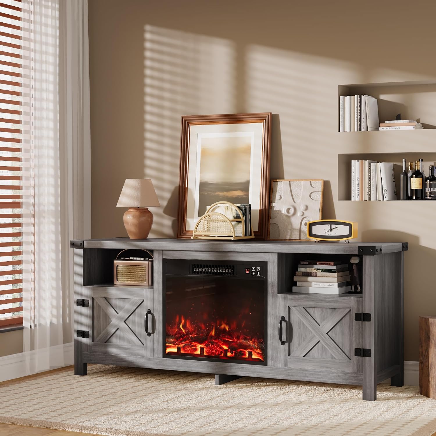 Furmax Entertainment Center with Fireplace, Fireplace TV Stand with Storage Cabinets and 2 Open Shelves, Modern Media TV Console for Living Room (Light Grey)
