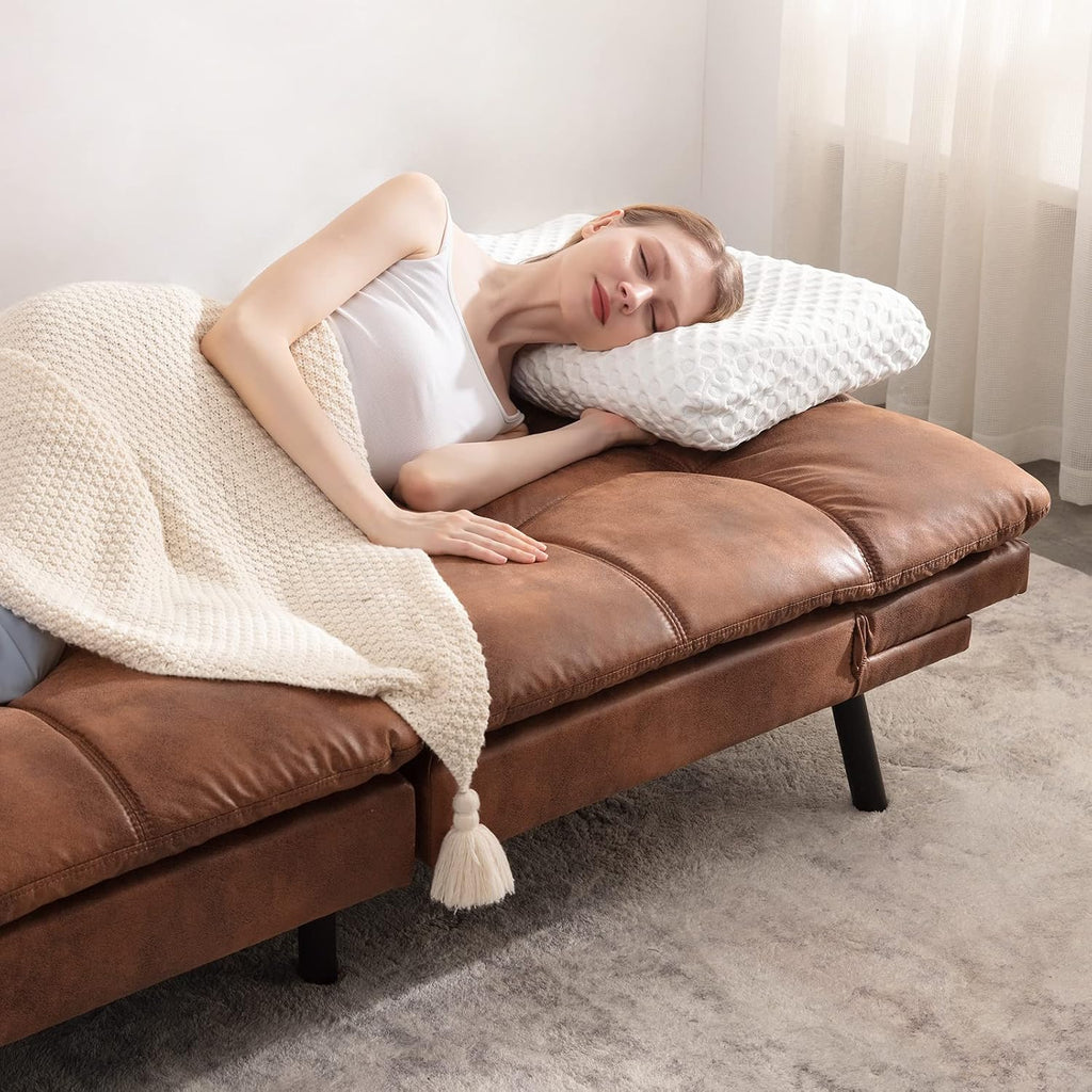 Vyfipt Futon Sofa Bed/Couch, Memory Foam Small Splitback Sofa for Living Room,Modern Loveseat with Covertible Armrests,Faux Leather/Cushion Thicker Version(Brown)
